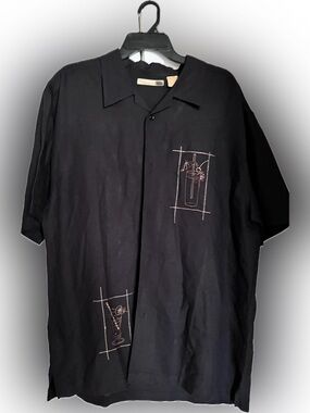 Men's Black Casual Button Down Shirt with Embroidered Drink Motifs